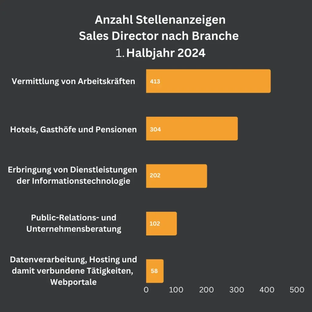 Ein horizontales Balkendiagramm zeigt die Anzahl der Stellenanzeigen für Sales Director im ersten Halbjahr 2024 nach Branche. Die Branche "Vermittlung von Arbeitskräften" hat mit 413 Anzeigen die meisten Stellenanzeigen, gefolgt von "Hotels, Gasthöfe und Pensionen" mit 304 und "Erbringung von Dienstleistungen der Informationstechnologie" mit 202 Anzeigen.