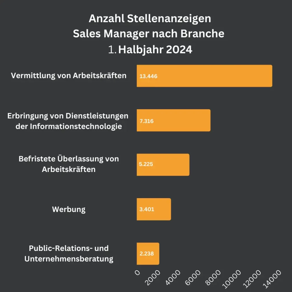 Ein horizontales Balkendiagramm zeigt die Anzahl der Stellenanzeigen für Sales Manager im ersten Halbjahr 2024 nach Branche. Die Branche "Vermittlung von Arbeitskräften" verzeichnet die meisten Stellenanzeigen (13.446), gefolgt von der "Erbringung von Dienstleistungen der Informationstechnologie" mit 7.316 und "Befristete Überlassung von Arbeitskräften" mit 5.225 Anzeigen.